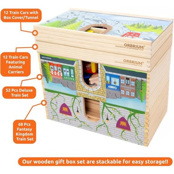 52 Pcs Deluxe Wooden Train Set with Wooden Storage Box Tunnel - Picture 6 of 7